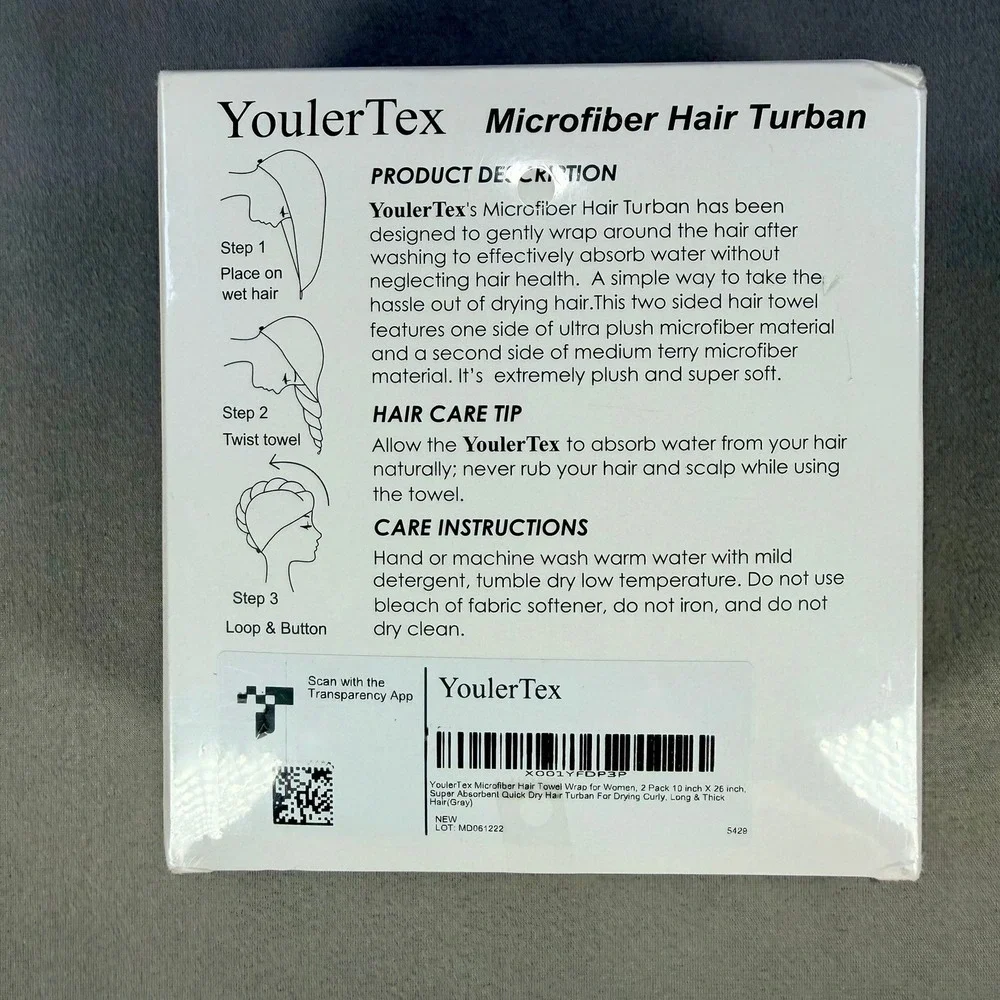 YoulerTex Microfiber Hair Turban Women 2 Pack‎ Gray Ultra Absorbent Quick Dry